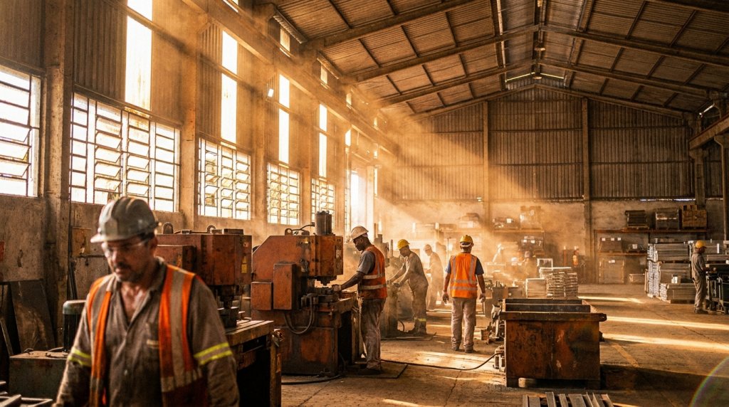 Trabalhadores operando maquinas-em uma industria quente